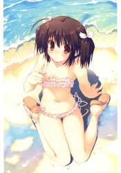 Rule 34 | 1girl, absurdres, bikini, day, frilled bikini, frills, full body, highres, mitsumi misato, official art, outdoors, scan, sitting, solo, swimsuit, to heart (series), to heart 2