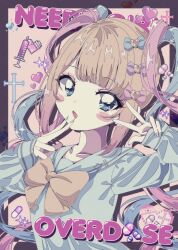 Rule 34 | 1990s (style), 1girl, absurdres, blonde hair, blue bow, blue eyes, blue hair, blue nails, blue shirt, blunt bangs, blush, border, bow, chouzetsusaikawa tenshi-chan, copyright name, cross, double v, eyeshadow, hair bow, hair ornament, hands up, heart, heart hair ornament, highres, long hair, long sleeves, looking at viewer, makeup, milon cas, multicolored hair, multicolored nails, needy girl overdose, open mouth, pill, pink bow, pink eyeshadow, pink hair, pink nails, purple bow, quad tails, retro artstyle, sailor collar, shirt, solo, sparkle, syringe, twintails, upper body, v, yellow bow, yellow nails, yume kawaii