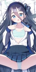 Rule 34 | 1girl, :o, absurdly long hair, akashi rokurou, anus, aris (blue archive), ass, bed sheet, black hair, black skirt, blue archive, blue eyes, bra, breasts, collared shirt, commentary request, hair between eyes, hair ornament, hairband, halo, highres, long hair, long sleeves, looking at viewer, lying, on back, one side up, open clothes, open shirt, panties, pleated skirt, school uniform, shirt, sidelocks, skirt, small breasts, solo, spread legs, striped bra, striped clothes, striped panties, underwear, very long hair, white shirt