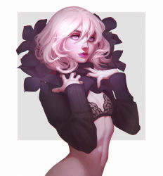 Rule 34 | 1girl, black bra, bra, closed mouth, commentary, english commentary, flat chest, flower, lace, lace bra, navel, original, pink eyes, pink hair, short hair, simple background, soemy, solo, sweater, underwear, upper body