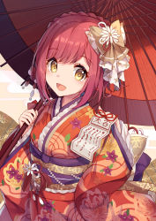 Rule 34 | 1girl, :d, bison cangshu, braid, brown eyes, commentary request, crown braid, egasumi, floral print, hand up, hashimoto kanna (princess connect!), highres, holding, holding umbrella, japanese clothes, kimono, long sleeves, looking at viewer, oil-paper umbrella, omikuji, open mouth, princess connect!, print kimono, red eyes, red kimono, red umbrella, sidelocks, sleeves past wrists, smile, solo, umbrella, wide sleeves