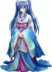 Rule 34 | 1girl, aqua eyes, armor, blue hair, breasts, cleavage, flower, full body, hair flower, hair ornament, japanese clothes, long hair, official art, oshiro project:re, oshiro project:re, own hands together, shamakho, solo, transparent background, twintails, very long hair, yodo (oshiro project)