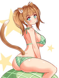 Rule 34 | 1girl, animal ears, aqua eyes, ass, back, bikini, breasts, cat ears, cat girl, cat tail, closed mouth, commentary, cougar (cougar1404), food, from behind, fruit, green bikini, halterneck, large breasts, looking at viewer, looking back, medium hair, megu (cougar1404), melon, original, oversized food, oversized object, print bikini, sitting, smile, solo, star (symbol), swimsuit, tail, wedgie, white background