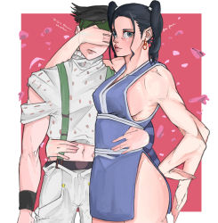 Rule 34 | 1boy, 1girl, absurdres, blouse, breasts, covered eyes, covering another&#039;s eyes, crossover, detached sleeves, gluteal fold, hand on own hip, highres, jobin chan, jojo no kimyou na bouken, large breasts, long hair, outside border, ponytail, red background, rohan kishibae, shirt, thick thighs, thighhighs, thighs, white shirt