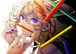 Rule 34 | 1boy, absurdres, ayukawa ryuuji, blue nails, blue period, blurry, blurry foreground, eyelashes, fingernails, green nails, hands up, highres, lips, long hair, looking at viewer, multicolored background, nail polish, orange nails, purple eyes, sibato5, simple background, solo, upper body, yellow nails