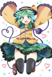 Rule 34 | 1girl, black thighhighs, e.o., floral print, green eyes, green hair, hat, hat ribbon, heart, heart of string, jumping, komeiji koishi, long sleeves, looking at viewer, matching hair/eyes, open mouth, outstretched arms, ribbon, shirt, simple background, skirt, sleeves past wrists, smile, solo, thighhighs, third eye, touhou, upskirt, wide sleeves, zettai ryouiki
