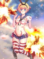Rule 34 | 1girl, aegis (persona), bad id, bad pixiv id, blonde hair, blue eyes, breasts, cosplay, damaged, elbow gloves, explosion, gloves, hair ribbon, kantai collection, microskirt, navel, panties, parody, persona, persona 3, revealing clothes, ribbon, sayashi (type5 labyrith), shimakaze (kancolle), shimakaze (kancolle) (cosplay), short hair, skirt, solo, striped clothes, striped thighhighs, thighhighs, torn clothes, underboob, underwear
