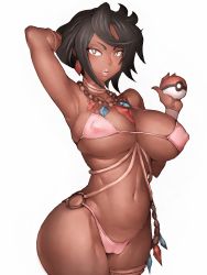 Rule 34 | 1girl, arm up, armpits, bikini, black hair, breasts, cameltoe, covered erect nipples, creatures (company), curvy, dark-skinned female, dark skin, earrings, fumio (rsqkr), game freak, island kahuna, jewelry, large breasts, lips, looking at viewer, navel, necklace, nintendo, o-ring, o-ring bottom, olivia (pokemon), parted lips, pink bikini, poke ball, poke ball (basic), pokemon, pokemon sm, short hair, simple background, solo, swimsuit, thick thighs, thighs, very dark skin, white background, wide hips