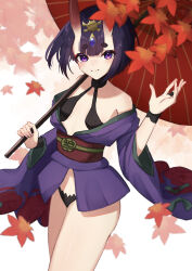 Rule 34 | 1girl, absurdres, bare shoulders, blush, bob cut, breasts, eyeliner, fate/grand order, fate (series), headpiece, highres, horns, izanaware game, japanese clothes, kimono, leaf, long sleeves, looking at viewer, makeup, maple leaf, obi, oil-paper umbrella, oni, purple eyes, purple hair, purple kimono, sash, short hair, short kimono, shuten douji (fate), skin-covered horns, small breasts, smile, solo, umbrella, wide sleeves