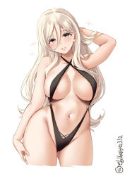Rule 34 | 1girl, black one-piece swimsuit, black slingshot swimsuit, blonde hair, blue eyes, casual one-piece swimsuit, clothing cutout, cowboy shot, ebifurya, hair between eyes, hand on own thigh, highres, kantai collection, long hair, mole, mole under eye, mole under mouth, one-hour drawing challenge, one-piece swimsuit, richelieu (kancolle), simple background, slingshot swimsuit, smile, solo, stomach cutout, swimsuit, underboob cutout, white background