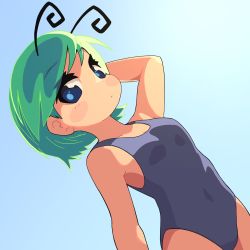 Rule 34 | 1girl, alternate costume, alternate eye color, antennae, blue background, blue eyes, blue one-piece swimsuit, blush, breasts, closed mouth, commentary, cowboy shot, expressionless, green hair, grey one-piece swimsuit, highres, looking at viewer, one-piece swimsuit, short hair, small breasts, solo, swept bangs, swimsuit, touhou, ugif, upper body, wriggle nightbug