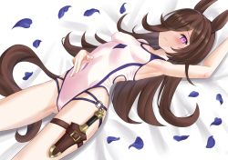 Rule 34 | 1girl, animal ears, armpits, brown hair, commentary request, competition swimsuit, dagger, hair over one eye, highres, holster, horse ears, horse girl, horse tail, knife, long hair, lying, one-piece swimsuit, petals, purple eyes, rice shower (umamusume), solo, swimsuit, tail, tatsumi yashiro, thigh holster, umamusume, weapon, white one-piece swimsuit