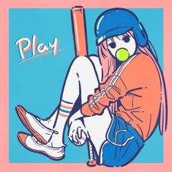 Rule 34 | 1girl, aqua background, ball, baseball, baseball bat, baseball helmet, blue shorts, border, blowing bubbles, chewing gum, english text, flat color, from side, helmet, highres, holding, holding ball, knees up, long hair, looking at viewer, miyoshi yoshimi, original, pink border, pink hair, red shirt, shirt, shirt tucked in, shoes, shorts, simple background, solo, white footwear