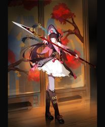 Rule 34 | 1girl, black footwear, black hair, blunt bangs, blush, bonnet, boots, capelet, closed mouth, commentary, dress, full body, genshin impact, grey pantyhose, highres, holding, holding polearm, holding weapon, knee boots, kuronoiparoma, lolita fashion, long hair, long sleeves, looking at viewer, one eye closed, pale skin, pantyhose, pink capelet, polearm, qi lolita, red eyes, solo, spear, standing, tassel, very long hair, weapon, yun jin (genshin impact)