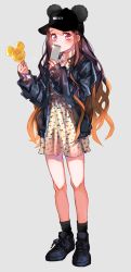 Rule 34 | 1girl, bad id, bad pixiv id, baseball cap, black footwear, black hat, black jacket, black socks, candy, cellphone, contemporary, covering own mouth, disney, dress, floral print, food, full body, glint, hair ribbon, hand up, hat, hat with ears, highres, holding, holding phone, jacket, kamado nezuko, kimetsu no yaiba, leather, leather jacket, long hair, long sleeves, looking at viewer, mickey mouse, mickey mouse ears, phone, pink eyes, pink ribbon, print dress, ribbon, shoes, sleeve cuffs, sleeves past wrists, smartphone, sneakers, socks, solo, sseebb, standing, sundress, very long hair, yellow dress