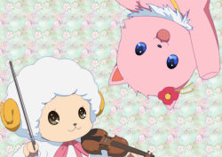 Rule 34 | 10s, :3, :d, amagi brilliant park, arm up, bad id, bad pixiv id, bear, blue eyes, body fur, bow (music), commentary request, floral background, flower, food, gin sei56, grey eyes, hair flower, hair ornament, holding, horns, instrument, looking at viewer, macaron, macaron (amaburi), no humans, open mouth, portrait, ribbon, sheep, smile, tiramii, violin, waving