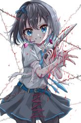 Rule 34 | &gt;:), 1girl, absurdres, bags under eyes, bandage on face, bandaged arm, bandaged hand, bandages, bandaid, barbed wire, belt, black hair, black legwear, blood, blue eyes, blush, brown hair, collared shirt, crossed arms, ear piercing, earrings, evil smile, grin, hair ornament, hairclip, highres, holding, holding knife, holding weapon, jewelry, kayon (touzoku), knife, lace, medium hair, miniskirt, necktie, open clothes, open skirt, original, piercing, shirt, short hair, short sleeves, skirt, smile, solo, v-shaped eyebrows, weapon, white shirt