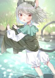 Rule 34 | 1girl, absurdres, animal ear fluff, animal ears, aqua capelet, ashino chimado, barefoot, black dress, bloomers, blurry, blurry background, blush, clothes lift, collared shirt, commentary request, dress, dress lift, from behind, grass, grey hair, hair lift, highres, lifting own clothes, light particles, long sleeves, looking at viewer, looking back, mouse ears, mouse tail, nazrin, open mouth, outdoors, puffy long sleeves, puffy sleeves, red eyes, ripples, river, shirt, short hair, smile, soaking feet, solo, tail, toes, touhou, underwear, white bloomers, white shirt, white sleeves, wind, wind lift