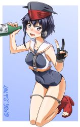 Rule 34 | 1girl, artist name, asymmetrical hair, black hair, black one-piece swimsuit, blue background, bottle, brown eyes, commentary request, crop top, framed breasts, full body, gloves, hair between eyes, headphones, highres, i-14 (kancolle), kantai collection, looking at viewer, neckerchief, one-hour drawing challenge, one-piece swimsuit, open mouth, partially fingerless gloves, psg sub707, sailor collar, school swimsuit, short hair, single glove, smile, solo, swimsuit, two-tone background, v