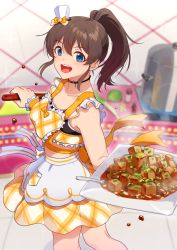 Rule 34 | 1girl, :d, apron, blue eyes, blurry, blurry background, breasts, brown hair, cowboy shot, food, hat, holding, holding plate, idolmaster, idolmaster million live!, idolmaster million live! theater days, kamille (vcx68), kitchen, long hair, looking at viewer, looking back, medium breasts, mini hat, open mouth, plate, ponytail, satake minako, sidelocks, smile, solo, waist apron
