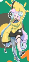 Rule 34 | 1girl, :d, absurdres, aduti momoyama, arm up, black shorts, blush, boots, character hair ornament, commentary request, creatures (company), full body, game freak, green hair, grey footwear, grey pantyhose, grey shirt, hair ornament, happy, highres, iono (pokemon), jacket, knees, long hair, looking at viewer, multicolored hair, nintendo, open mouth, outline, pantyhose, pink hair, pokemon, pokemon sv, sharp teeth, shirt, shorts, single leg pantyhose, sleeveless, sleeveless shirt, sleeves past fingers, sleeves past wrists, smile, solo, teeth, thigh strap, twintails, two-tone hair, upper teeth only, yellow jacket