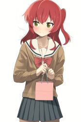 Rule 34 | 1girl, :|, bag, black skirt, blush, bocchi the rock!, bow, brown jacket, closed mouth, collarbone, commentary request, flustered, green eyes, hair between eyes, hands up, highres, holding, holding bag, jacket, kita ikuyo, long hair, long sleeves, motion lines, one side up, paper bag, pleated skirt, red bow, red hair, sailor collar, school uniform, shuka high school uniform, simple background, skirt, solo, standing, sweatdrop, tennosuke (tejons), upper body, white background, white sailor collar