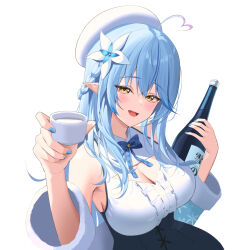 Rule 34 | 1girl, absurdres, ahoge, beret, blue hair, blue nails, blush, bottle, breasts, choko (cup), cleavage, cleavage cutout, clothing cutout, cup, drunk, flower, hair flower, hair ornament, half updo, hat, heart, heart ahoge, highres, hololive, large breasts, long hair, nail polish, open mouth, pointy ears, ri qing, sake bottle, virtual youtuber, white background, yellow eyes, yukihana lamy