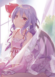 Rule 34 | 1girl, :/, alternate hair length, alternate hairstyle, bare shoulders, barefoot, bat wings, beni kurage, blurry, blurry background, blush, breasts, closed mouth, collarbone, commentary request, curtains, dress, foot out of frame, frills, hair ribbon, halterneck, highres, indoors, long hair, looking at viewer, no headwear, petticoat, pink dress, pink eyes, pointy ears, purple hair, red ribbon, remilia scarlet, ribbon, see-through, sitting, small breasts, solo, touhou, v arms, very long hair, wariza, wavy hair, window, wings