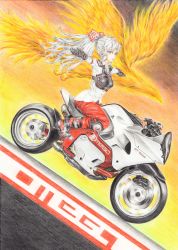 Rule 34 | 1girl, baggy pants, beige shirt, bird, boots, bow, buttons, collared shirt, colored pencil (medium), fire, footwear bow, fujiwara no mokou, full body, hair bow, highres, hime cut, long hair, long sleeves, motor vehicle, motorcycle, ofuda, ofuda on clothes, outstretched arms, pants, phoenix, red eyes, red footwear, red pants, red pond, shirt, shoes, sidelocks, sleeve garter, spread arms, suspenders, t-pose, touhou, traditional media, very long hair, white bow, white hair, white shirt, yamaha