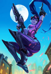 Rule 34 | 1girl, arm up, artist name, blue sky, bodysuit, breasts, building, center opening, colored skin, from below, full body, full moon, gloves, grapnel, gun, head-mounted display, highres, lips, long hair, looking at viewer, md5 mismatch, moon, night, nose, overwatch, overwatch 1, parted lips, ponytail, purple hair, purple skin, resized, resolution mismatch, rifle, signature, sky, solo, source larger, tim yan, unfinished, very long hair, visor, weapon, widowmaker (overwatch), yellow eyes