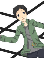 Rule 34 | 1boy, bad id, bad pixiv id, black eyes, black hair, buckle, cowboy shot, durarara!!, jacket, long sleeves, looking at viewer, m eme, male focus, open clothes, open jacket, pants, ryuugamine mikado, simple background, solo, white background