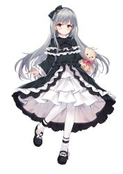Rule 34 | 1girl, :o, absurdres, black bow, black dress, black footwear, blush, bow, dress, duel monster, flower, frilled sleeves, frills, full body, fuyuki030, ghost belle &amp; haunted mansion, gothic lolita, grey eyes, grey hair, hair bow, highres, holding, holding stuffed toy, lolita fashion, long hair, long sleeves, looking at viewer, pantyhose, parted lips, rose, shoes, simple background, sleeves past wrists, solo, standing, standing on one leg, stuffed animal, stuffed toy, teddy bear, very long hair, white background, white flower, white pantyhose, white rose, wide sleeves, yu-gi-oh!