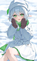 Rule 34 | 1girl, absurdres, alternate costume, blush, brown gloves, coat, day, feet out of frame, genshin impact, gloves, gradient hair, green eyes, green hair, green scarf, grey hair, hair between eyes, hands up, hat, highres, jacket, long sleeves, looking at viewer, multicolored hair, nahida (genshin impact), open mouth, outdoors, pointy ears, scarf, short hair, sitting, smile, snow, solo, thighs, white coat, white hair, white hat, winter, winter clothes, winter gloves, yuu maraa
