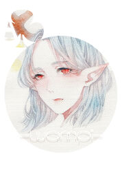 Rule 34 | 1girl, antlers, artist name, commentary, cropped shoulders, eyelashes, grey hair, horns, huangpi sang, japanese clothes, light blush, long hair, looking at viewer, lower teeth only, open mouth, original, painting (medium), pointy ears, red eyes, slit pupils, solo, teeth, traditional media, watercolor (medium)