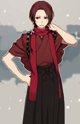 Rule 34 | 10s, 1boy, alternate costume, brown hair, hand on own hip, japanese clothes, kashuu kiyomitsu, male focus, mole, mole under mouth, nomuo (shiromi), personification, ponytail, red eyes, scarf, solo, touken ranbu