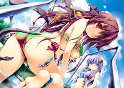 Rule 34 | 2girls, ankle ribbon, arms behind back, ass, back, bare shoulders, barefoot, bikini, bikini top only, blue sky, blunt bangs, blush, bow, breasts, brown hair, cloud, contrail, crescent, crescent hair ornament, day, demon girl, demon tail, demon wings, dutch angle, eyes visible through hair, from behind, from below, hair bow, hair ornament, hair ribbon, head wings, kai yuuki, koakuma, leg ribbon, light purple hair, long hair, looking at viewer, maroon hair, medium breasts, multiple girls, navel, nose blush, outdoors, parted lips, patchouli knowledge, pool, purple eyes, purple hair, red eyes, ribbon, shiny skin, side-tie bikini bottom, sideboob, sky, soles, striped bikini, striped bikini top, striped clothes, swimsuit, tail, thighs, touhou, tree, tress ribbon, underboob, very long hair, water, wet, wings, yuki kai