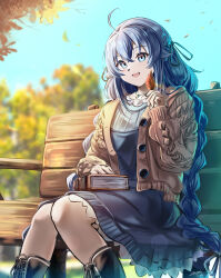 Rule 34 | 1girl, absurdres, ahoge, autumn, autumn leaves, bench, blue dress, blue eyes, blue hair, book, boots, braid, breasts, brown sweater, crossed bangs, day, dress, highres, jewelry, long braid, long hair, long sleeves, mushoku tensei, necklace, on bench, outdoors, park, park bench, roxy migurdia, sitting, small breasts, smile, solo, sweater, twin braids, very long hair, yujin (kanouyuuto-0423)