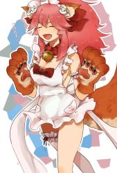 Rule 34 | 1girl, animal ears, animal hands, artist request, bell, breasts, cleavage, closed eyes, collar, fate/grand order, fate (series), fox ears, fox tail, hair ribbon, highres, large breasts, long hair, musical note, neck bell, open mouth, outline, pink hair, quaver, ribbon, solo, tail, tamamo (fate), tamamo cat (fate), tamamo no mae (fate/extra), translated, white outline