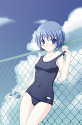 Rule 34 | 1girl, :o, against fence, bare arms, bare shoulders, blue eyes, blue hair, blush, bottle, chain-link fence, clothes pull, cloud, collarbone, covered navel, cowboy shot, day, fence, highres, kusa uran, looking at viewer, matching hair/eyes, navel, one-piece swimsuit, one-piece swimsuit pull, original, outdoors, pulling own clothes, school swimsuit, short hair, solo, strap lift, swimsuit, water bottle