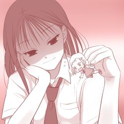 Rule 34 | 2girls, blush, chibi, closed mouth, collared shirt, commentary request, empty eyes, fang, fingernails, flying sweatdrops, gradient background, hair ornament, hairclip, hand on own cheek, hand on own face, highres, holding person, loafers, long hair, looking at another, mima sachi, minami koharu, mini person, minigirl, moma (moma49664517), monochrome, multiple girls, necktie, open mouth, pleated skirt, red background, school uniform, shirt, shoes, short hair, short sleeves, sidelocks, simple background, size difference, skin fang, skirt, smile, straight hair, upper body, watashi ga motenai no wa dou kangaetemo omaera ga warui!, wavy hair