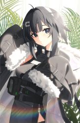 Rule 34 | 1girl, arknights, belt, black belt, black eyes, black hair, black jacket, black shirt, blush, bow, bow hairband, breasts, closed mouth, collared shirt, cowboy shot, day, dot nose, expressionless, eyeliner, fern, fur-trimmed jacket, fur trim, hair ornament, hairband, hairclip, head tilt, highres, jacket, kasasasagi, la pluma (arknights), lens flare, long bangs, long sleeves, looking at viewer, makeup, medium breasts, open clothes, open jacket, outdoors, plant, red eyeliner, shirt, short hair with long locks, side slit, sidelocks, sleeveless, sleeveless shirt, sleeves past fingers, sleeves past wrists, solo, white bow