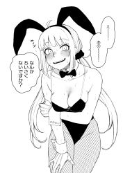 Rule 34 | 1girl, :d, absurdres, animal ears, blunt bangs, blush, bow, bowtie, breasts, cleavage, detached collar, fake animal ears, fangs, fishnet pantyhose, fishnets, gloves, greyscale, haioku colonel, highres, leotard, looking at viewer, monochrome, open mouth, original, pantyhose, playboy bunny, rabbit ears, simple background, smile, solo, sweat, teeth, translation request, twintails, white background, wrist cuffs