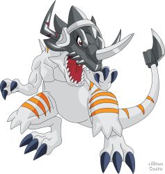 Rule 34 | claws, digimon, digimon (creature), greymon (ash), highres, open mouth, sharp teeth, solo, tail, teeth, transparent background