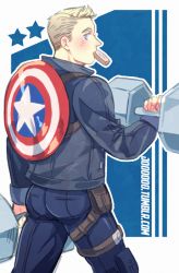 Rule 34 | 1boy, animification, avengers (series), avengers academy, blue eyes, blush, bread, bread slice, captain america, captain america (series), dumbbell, food, from behind, jo (artist), male focus, marvel, mouth hold, shield, solo, steve rogers, toast