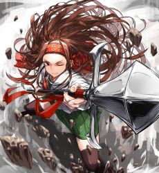 Rule 34 | 1girl, absurdres, action, black thighhighs, blouse, brown eyes, brown hair, closed mouth, commentary, floating hair, foreshortening, frown, girls und panzer, green skirt, headband, highres, holding, holding polearm, holding spear, holding weapon, huge filesize, long hair, long sleeves, looking at viewer, miniskirt, motion blur, muneate, one eye closed, ooarai school uniform, oshiri seijin, pleated skirt, polearm, red headband, rock, saemonza (girls und panzer), sailor collar, school uniform, serafuku, shirt, skirt, solo, spear, standing, straight hair, thighhighs, weapon, white sailor collar, white shirt, yari
