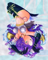Rule 34 | 1girl, alternate costume, angela (seiken densetsu 3), armor, artist request, ass, bare shoulders, bikini armor, black gloves, boots, bracelet, breasts, cape, closed mouth, fur-trimmed cape, fur-trimmed gloves, fur trim, gloves, green eyes, hair intakes, headgear, jewelry, large breasts, long hair, looking at viewer, lying, magus (seiken densetsu 3), midriff, navel, necklace, official alternate costume, on back, parted bangs, purple hair, revealing clothes, seiken densetsu, seiken densetsu 3, sidelocks, square enix, swept bangs, thigh boots, thighs, very long hair