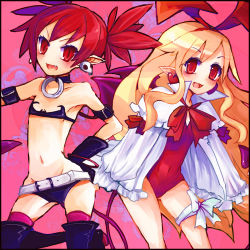 Rule 34 | 2girls, bad id, bad pixiv id, belt, blonde hair, boots, demon tail, disgaea, disgaea d2, etna (disgaea), flat chest, flonne, flonne (fallen angel), gloves, highres, long hair, looking at viewer, multiple girls, navel, red eyes, red hair, scottish09, tail, thigh boots, thighhighs, twintails