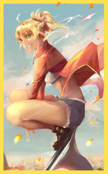 Rule 34 | 1girl, absurdres, ahoge, artist name, blonde hair, boots, border, braid, coat, commentary request, cutoff jeans, cutoffs, fate/apocrypha, fate/grand order, fate (series), flag, flagpole, french braid, grin, hair ornament, hair scrunchie, highres, leather, leather boots, midriff, mordred (fate), mordred (fate/apocrypha), mordred (memories at trifas) (fate), osatou (piropiro open), ponytail, red coat, scrunchie, short hair, short shorts, shorts, smile, solo, strapless, tube top, yellow border