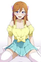 Rule 34 | 1girl, aqua skirt, bare shoulders, barkhorn0331, bow, commentary, gradient background, hair bow, highres, long hair, looking at viewer, love live!, miniskirt, no shoes, off-shoulder shirt, off shoulder, open mouth, orange hair, pink bow, pleated skirt, puffy short sleeves, puffy sleeves, purple eyes, shibuya kanon, shirt, short sleeves, sitting, skirt, solo, thighhighs, thighs, wariza, white background, white thighhighs, yellow bow, yellow shirt