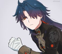 Rule 34 | 1boy, bandaged hand, bandages, black shirt, blade (honkai: star rail), blue hair, commentary request, grey background, honkai: star rail, honkai (series), long hair, looking at viewer, male focus, orange eyes, shirt, simple background, solo, upper body, xinzoruo